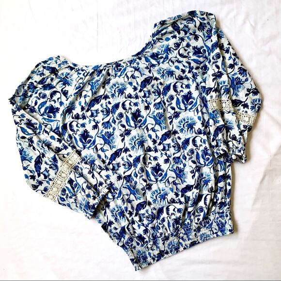 H&M Blue Lace Blouse Top Size 2 3/4 Sleeve V-Neck E Blue Floral Print - Picture 8 of 8